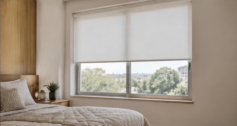 White roller blinds providing privacy in a bedroom
