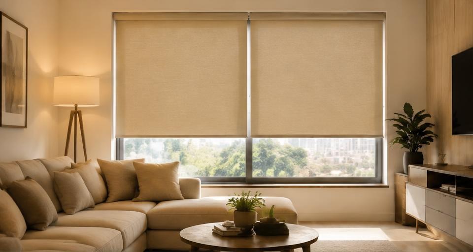 Roller blinds fitted on a large living room window