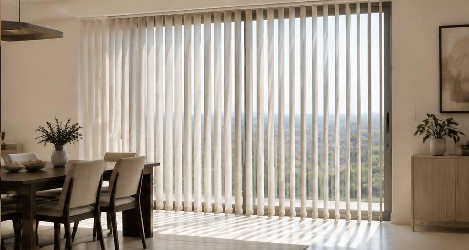 Vertical blinds filtering daylight in a modern apartment