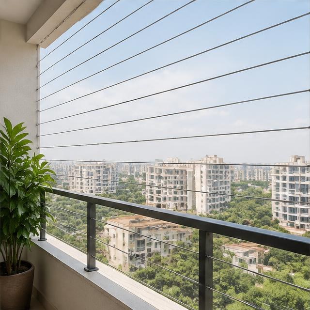 Balcony secured with thin closely spaced safety cables